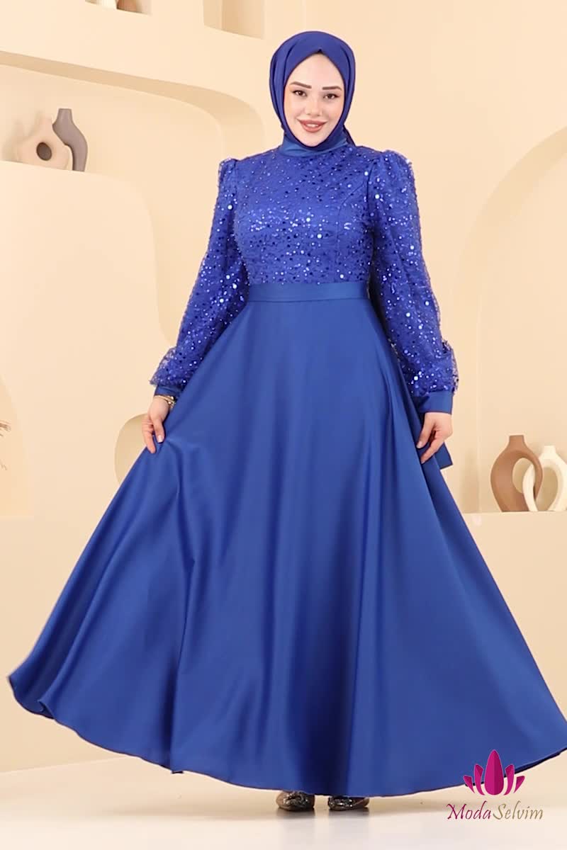 moda selvim Evening Dress 5670EDF311 Saxe - Thumbnail
