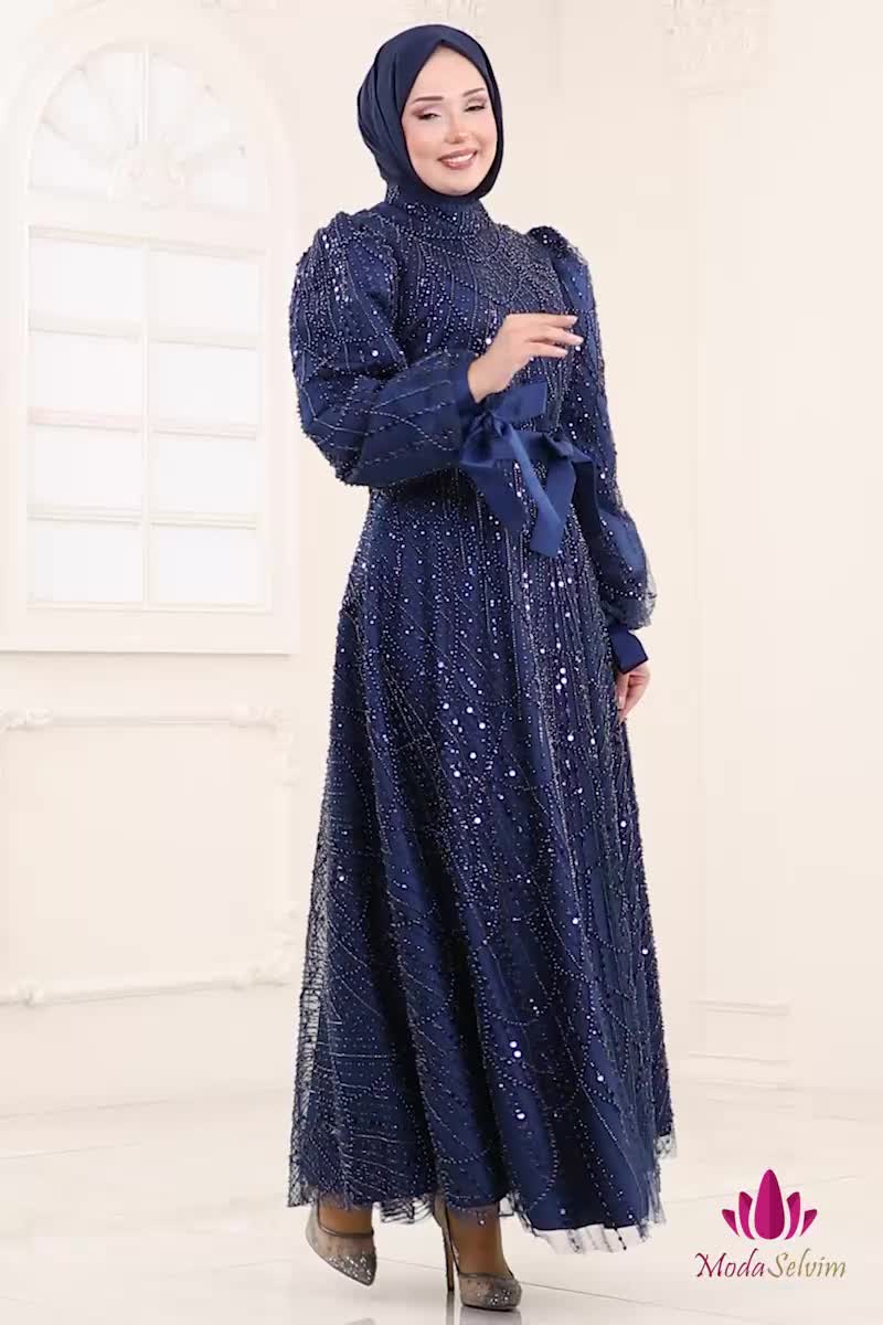 moda selvim فستان سهرة كحلي 6641YG95 - Thumbnail