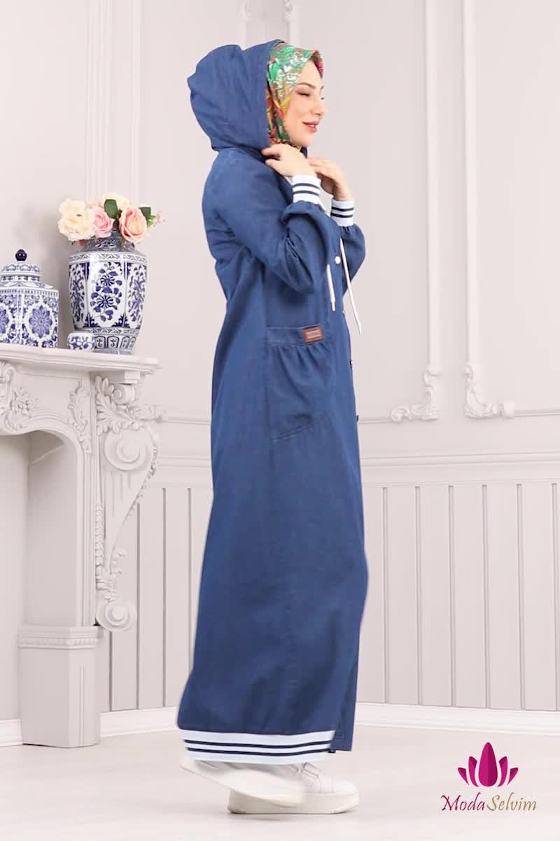 moda selvim عباءة جينز غامق 4180MKL719 - Thumbnail