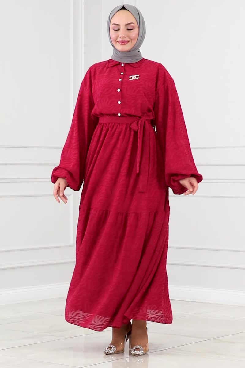 moda selvim Kemerli Jakar Elbise 2003HBS856 Kırmızı - Thumbnail