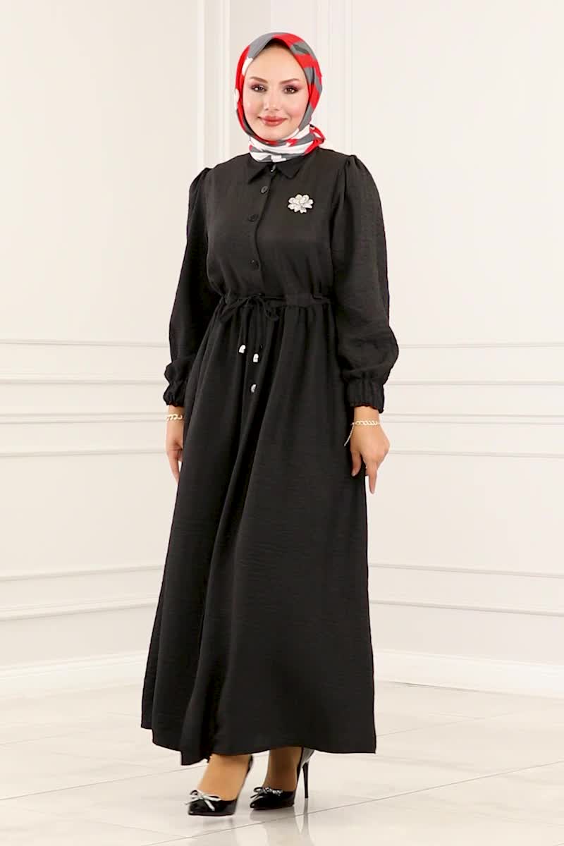 moda selvim Waist Tunnel Linen Abaya 254DVL817 Black - Thumbnail