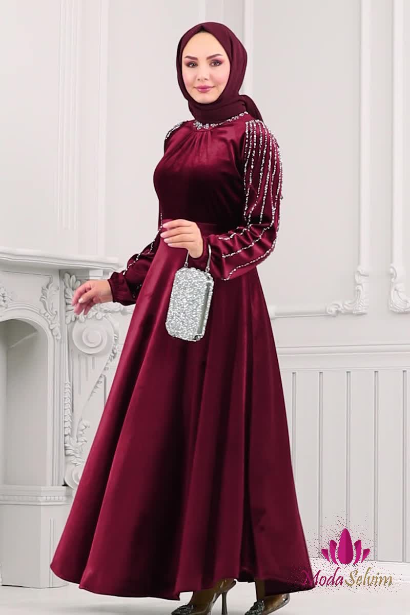 moda selvim Taş Detaylı Kadife Abiye 2014MEY846 Bordo - Thumbnail