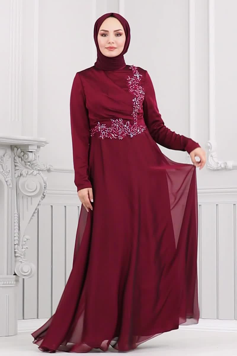 moda selvim Taş İşlemeli Abiye 5971AB368 Bordo - Thumbnail