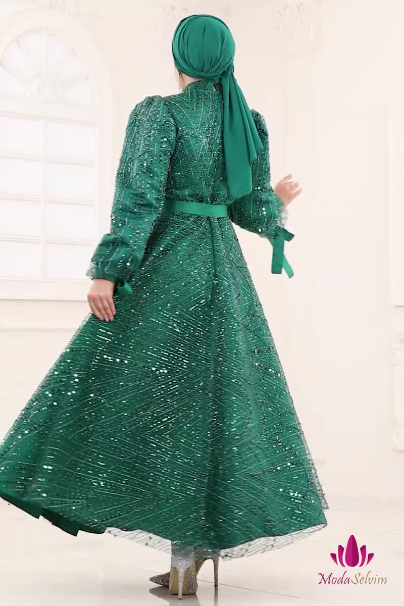 moda selvim فستان سهرة زيتي 6641YG95 - Thumbnail