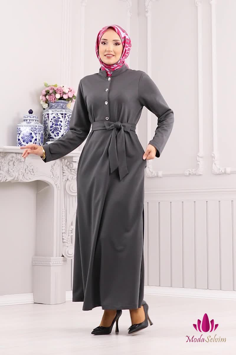 moda selvim Yarım Düğmeli Tesettür Elbise 2591SL432 Antrasit - Thumbnail