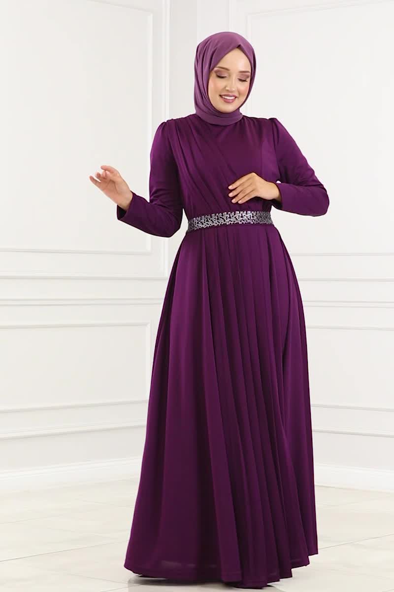 moda selvim Evening Dress with Stone Embroidered Belt 259DVL817 Purple - Thumbnail