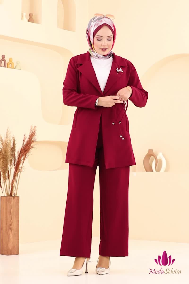moda selvim Beli Bağcıklı Ceket Takım 6222BSK463 Bordo - Thumbnail