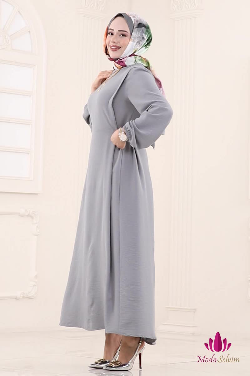 moda selvim الفستان رمادي 1164ERK1158 - Thumbnail