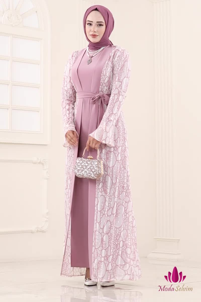 moda selvim Beli Bağcık Detaylı Şifon Takım 2821ELC1143 Gül Kurusu - Thumbnail