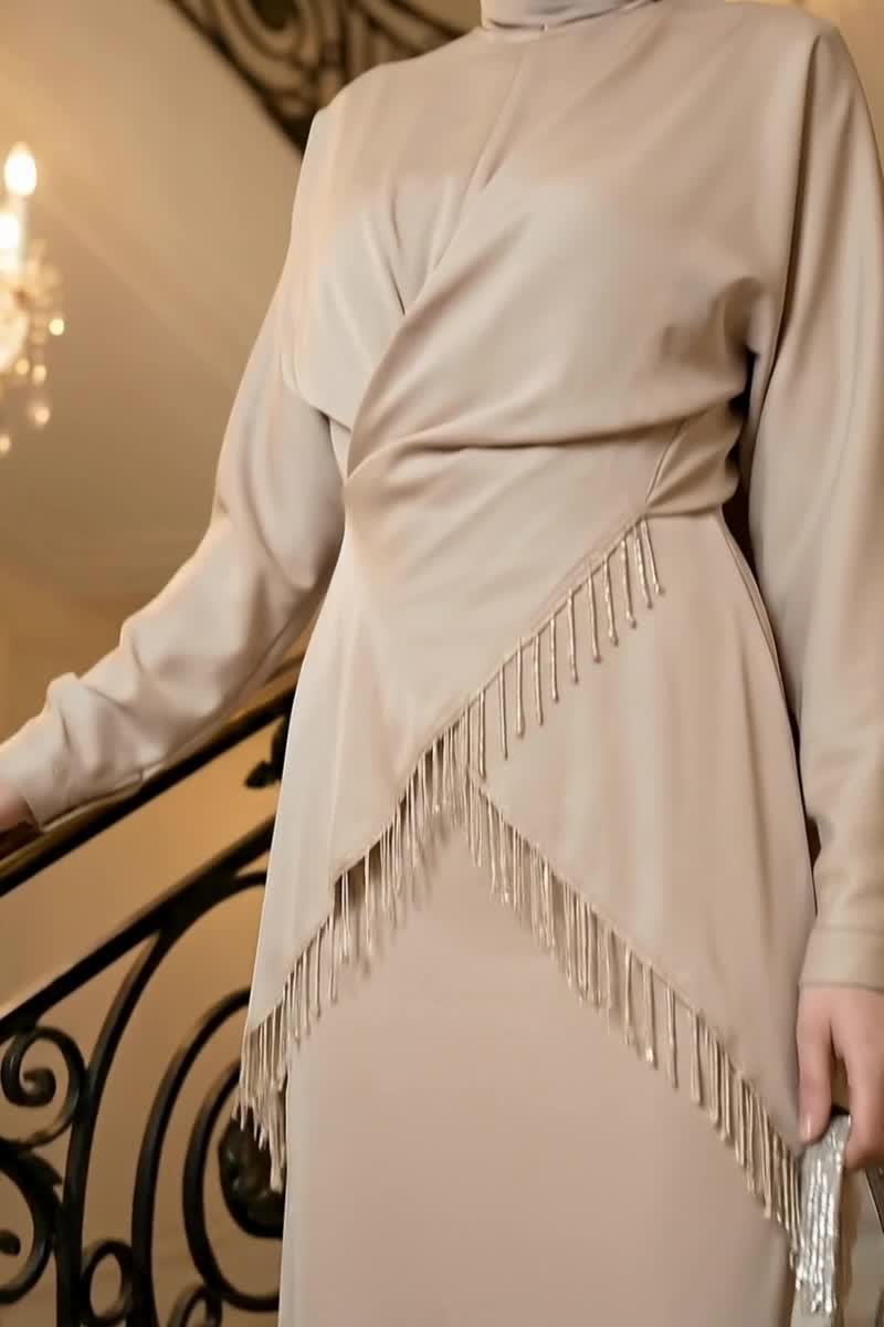 moda selvim Şık Bluzlu Saten Takım 6274BSK463 Taş - Thumbnail