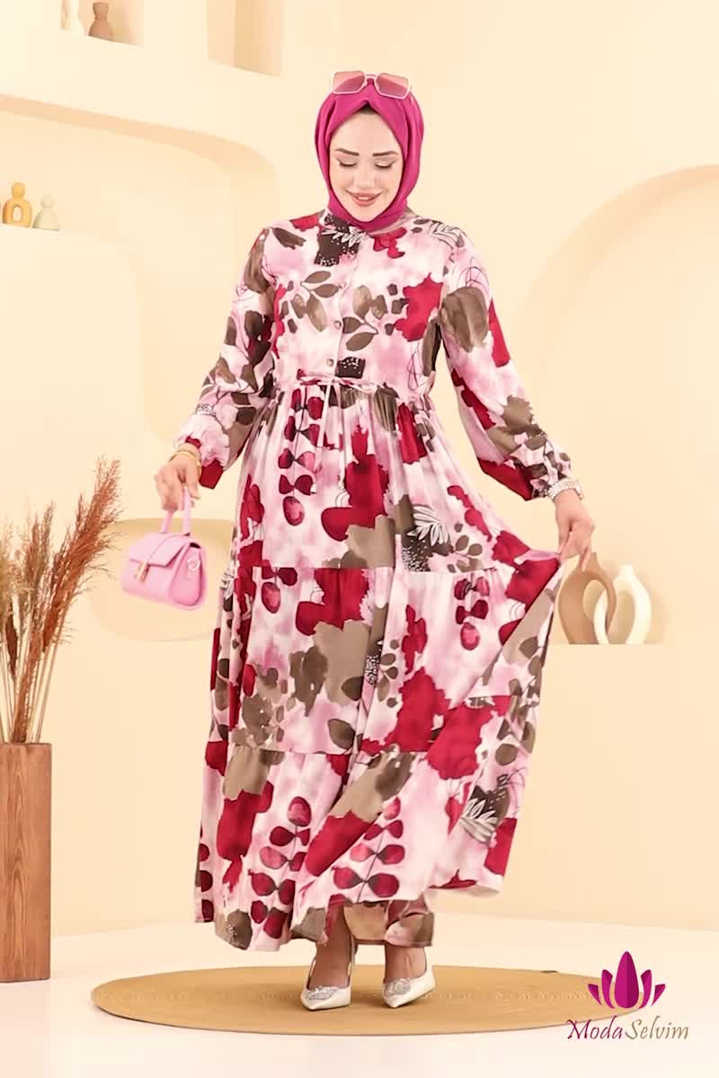 moda selvim Beli Bağcıklı Viskon Elbise 7124BG354 Bordo - Thumbnail