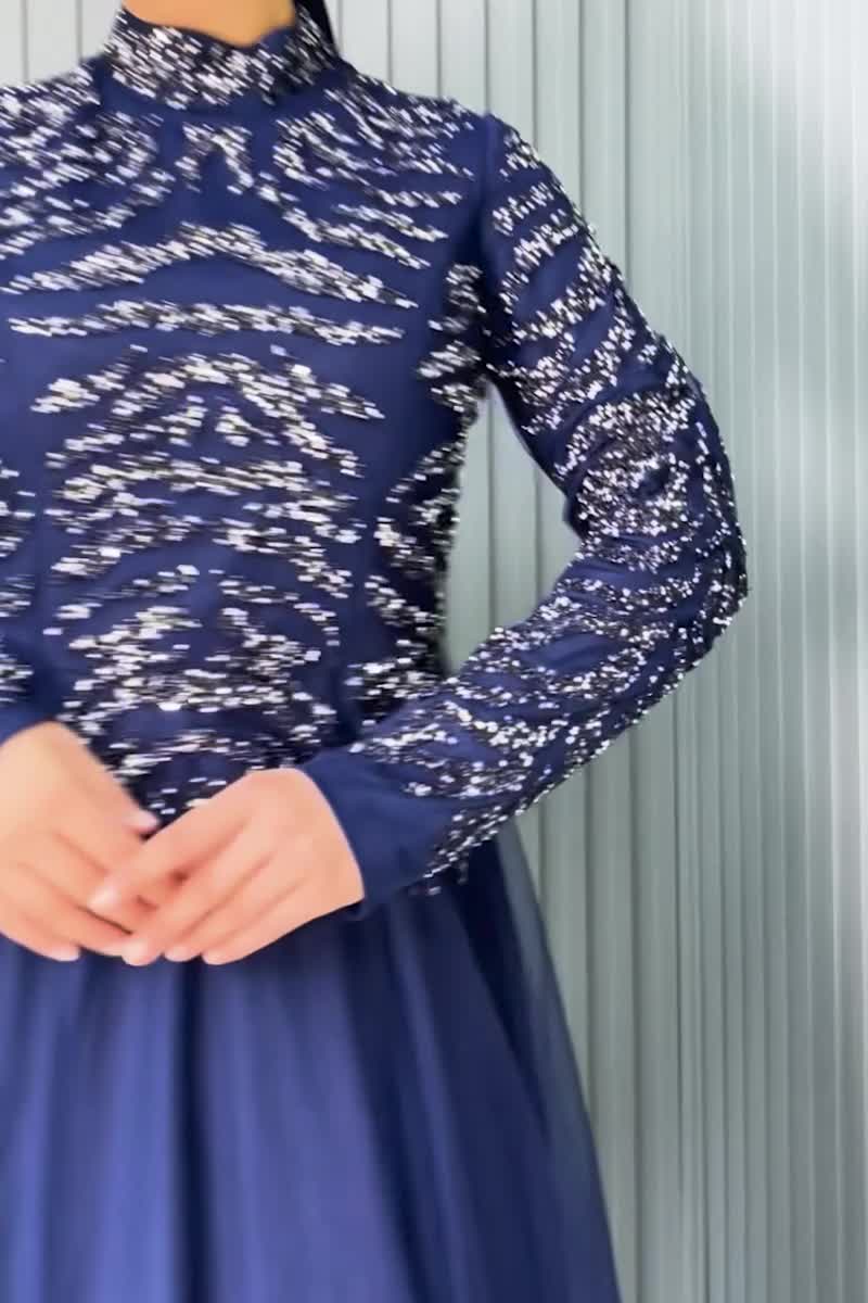 moda selvim فستان سهرة كحلي 4463SRH861 - Thumbnail