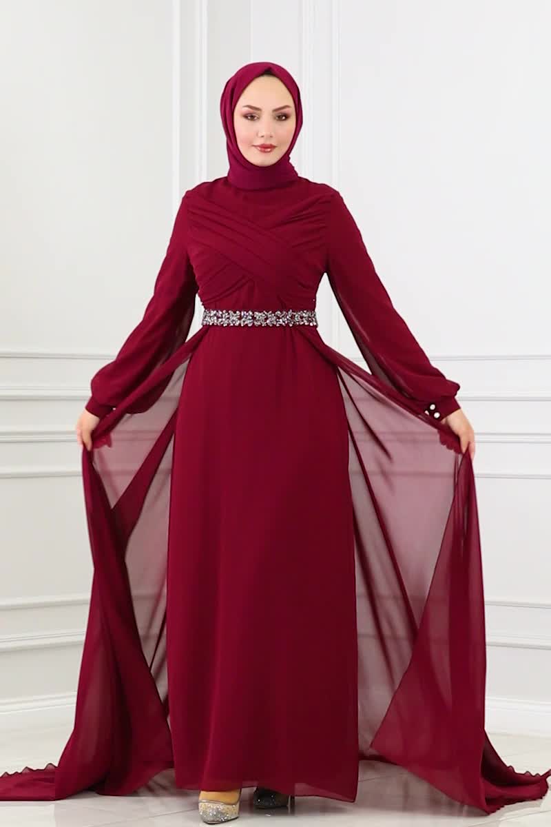 moda selvim Drape Detaylı Taşlı Abiye 5940AB368 Bordo - Thumbnail