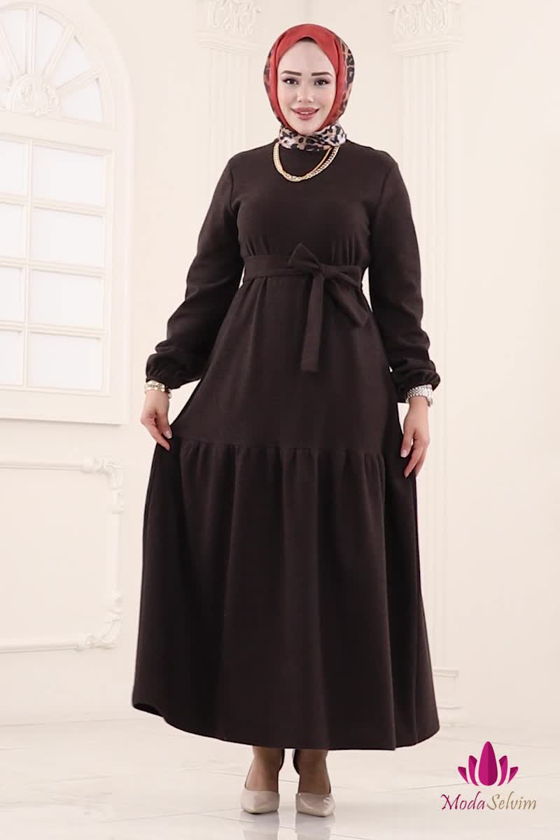 moda selvim الفستان بني 24002UKB139 - Thumbnail
