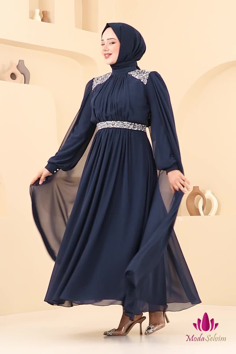 moda selvim Evening Dress 7101AB368 Navy Blue - Thumbnail