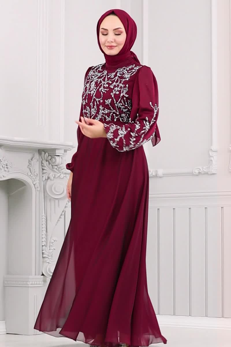 moda selvim Taş Detaylı Janjan Abiye 7005AB368 Bordo - Thumbnail