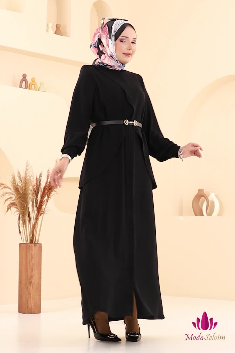 moda selvim Asimetrik Kesim Elbise Ferace 112OZT1013 Siyah - Thumbnail