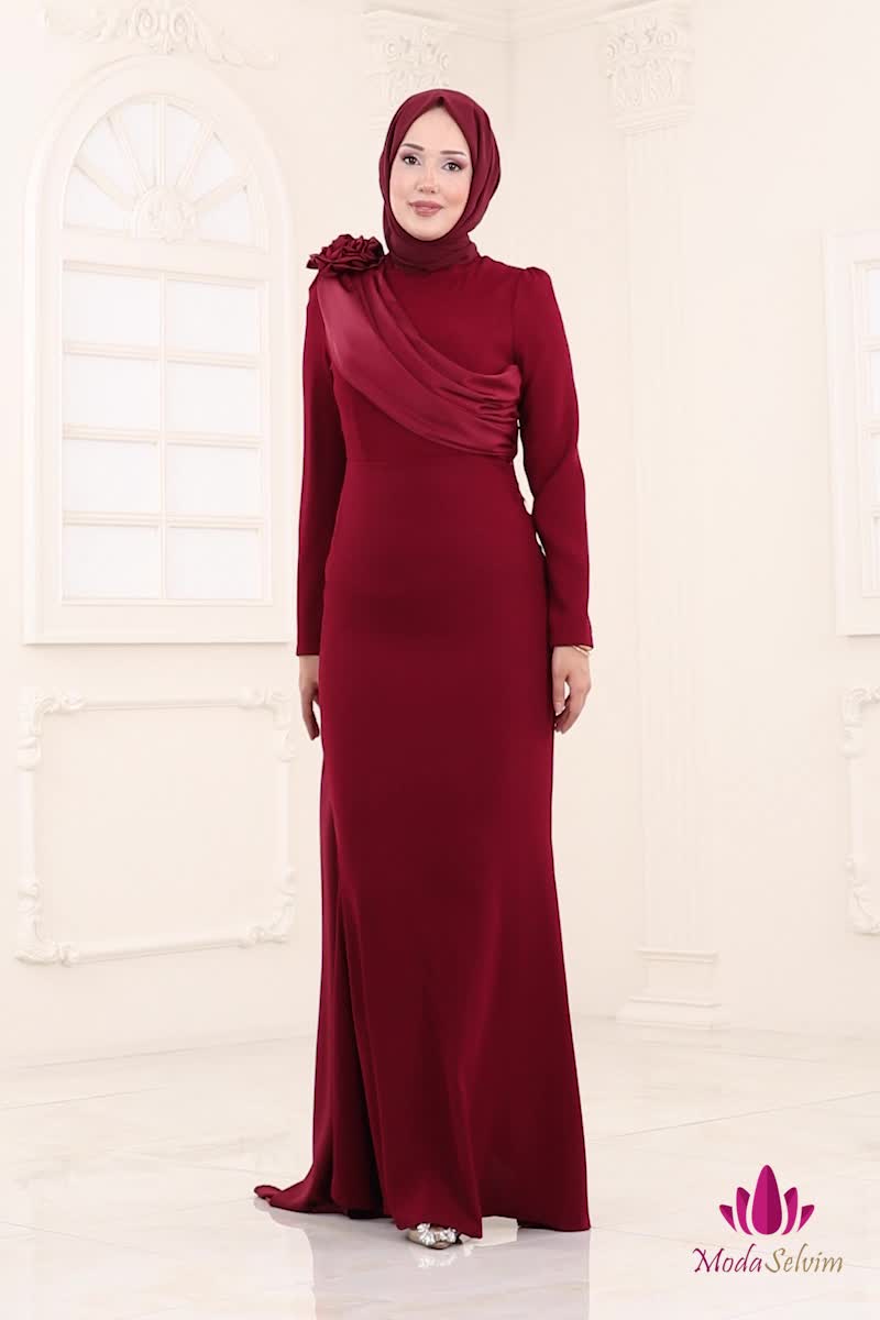 moda selvim Gül Detay Abiye Elbise 6227BSK463 Bordo - Thumbnail