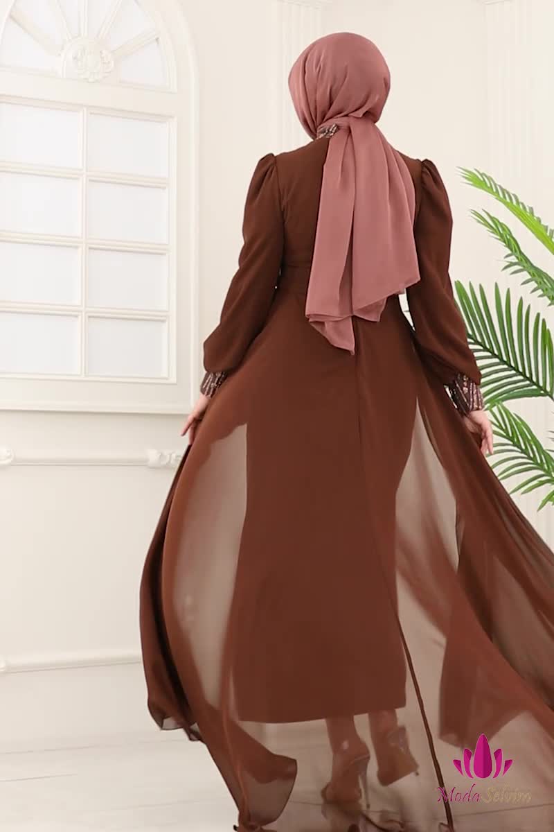 moda selvim فستان سهرة بني 6630YG95 - Thumbnail