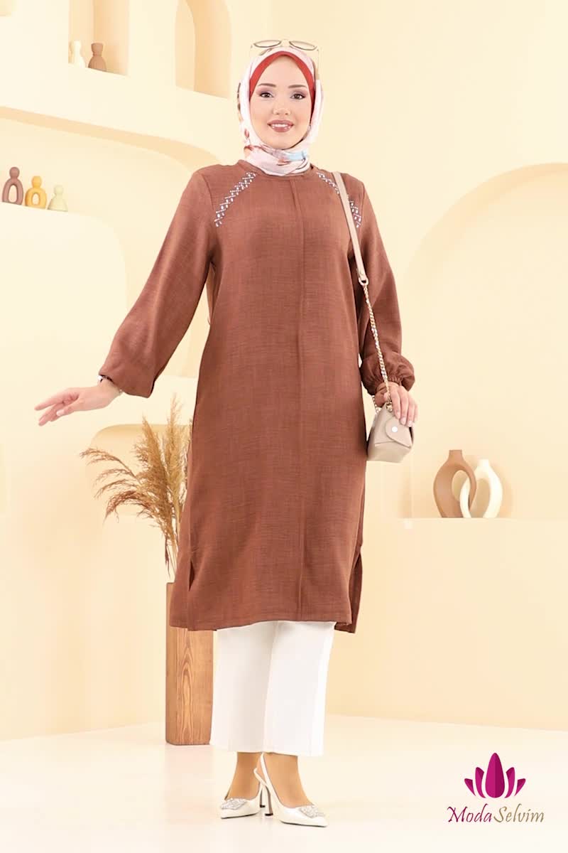 moda selvim Omzu Taşlı Sofia Tunik 3124HBS856 Açık Kahve - Thumbnail