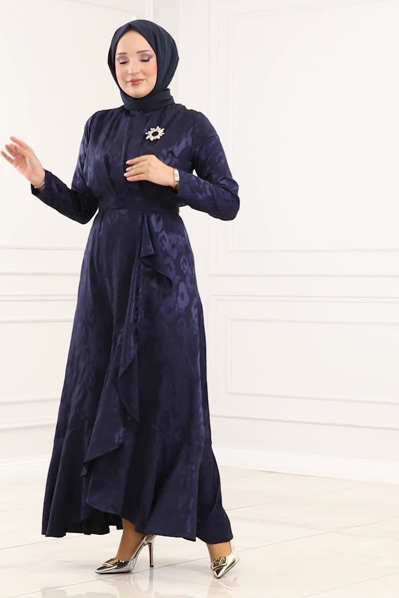 moda selvim Eteği Fırfırlı Jakar Elbise 5000HBS856 Laci - Thumbnail