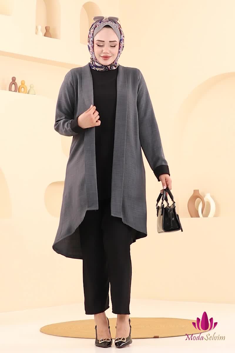 moda selvim طقم رمادي غامق &اسود& 3129HBS856 - Thumbnail