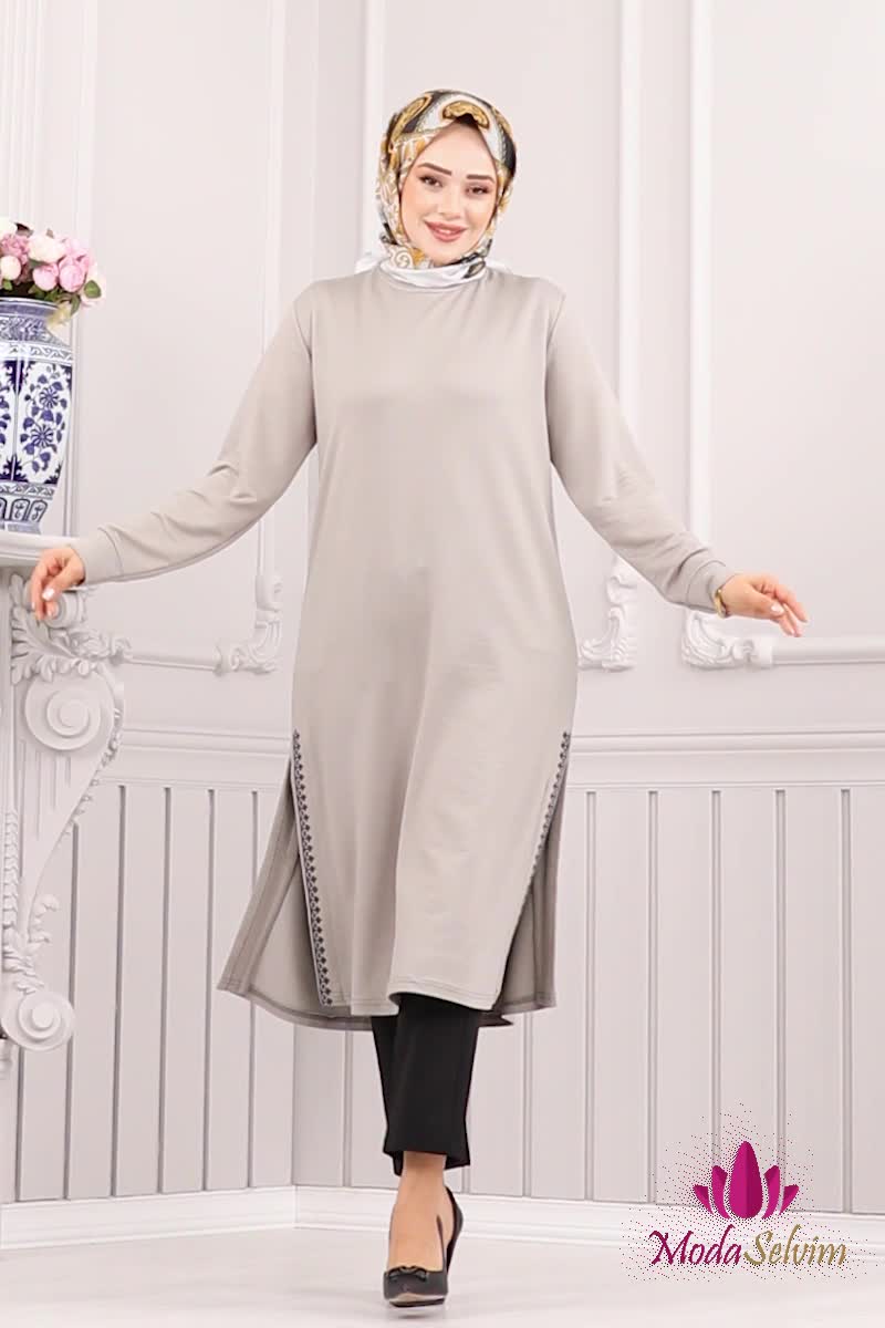 moda selvim Nakış İşlemeli Tunik 2678AYD574 Gri - Thumbnail