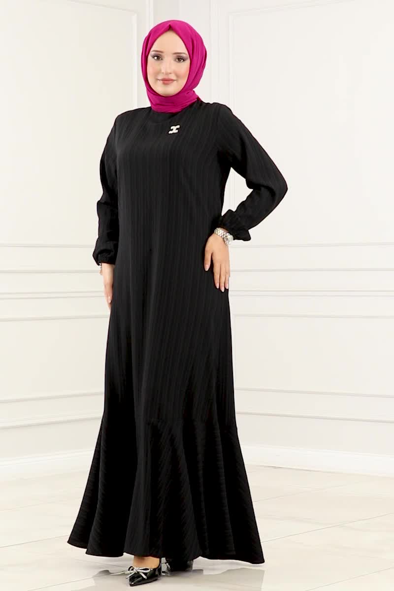 moda selvim Eteği Volanlı Tesettür Elbise 3002PM271 Siyah - Thumbnail