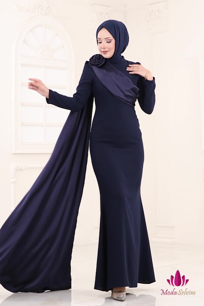 moda selvim Evening Dress 6227BSK463 Navy Blue - Thumbnail
