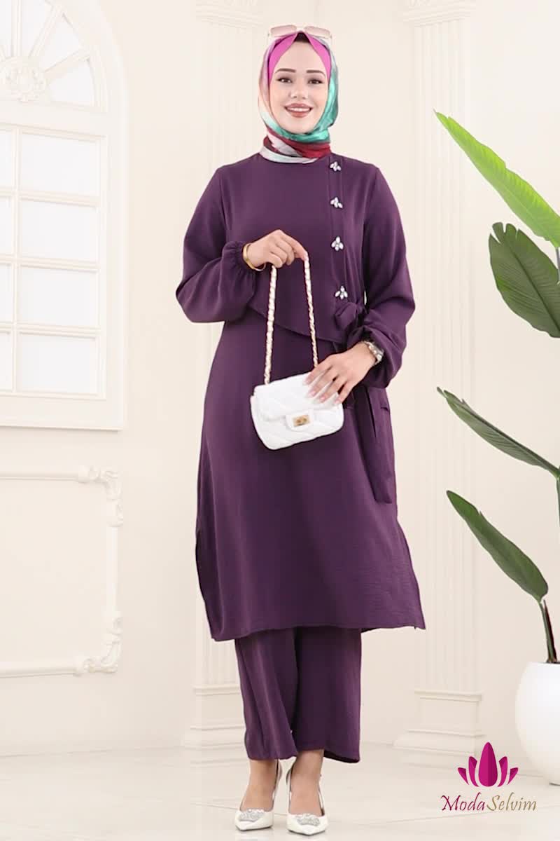 moda selvim Önü Taşlı Bağcıklı Takım 2719SL432 Mor - Thumbnail