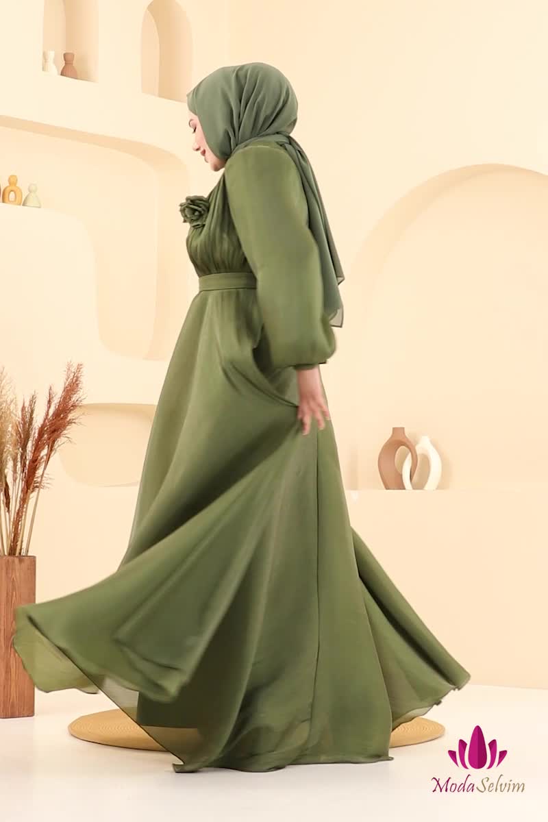 moda selvim SUAL Broş Detay Janjan Abiye 5107D170 Haki - Thumbnail
