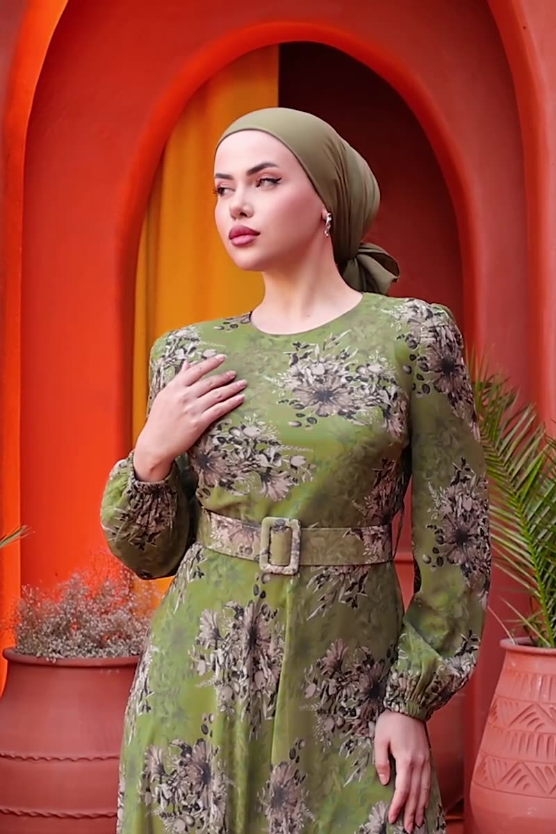 moda selvim Desenli Kemerli Şifon Elbise 5206AL357 Kına Yeşili - Thumbnail
