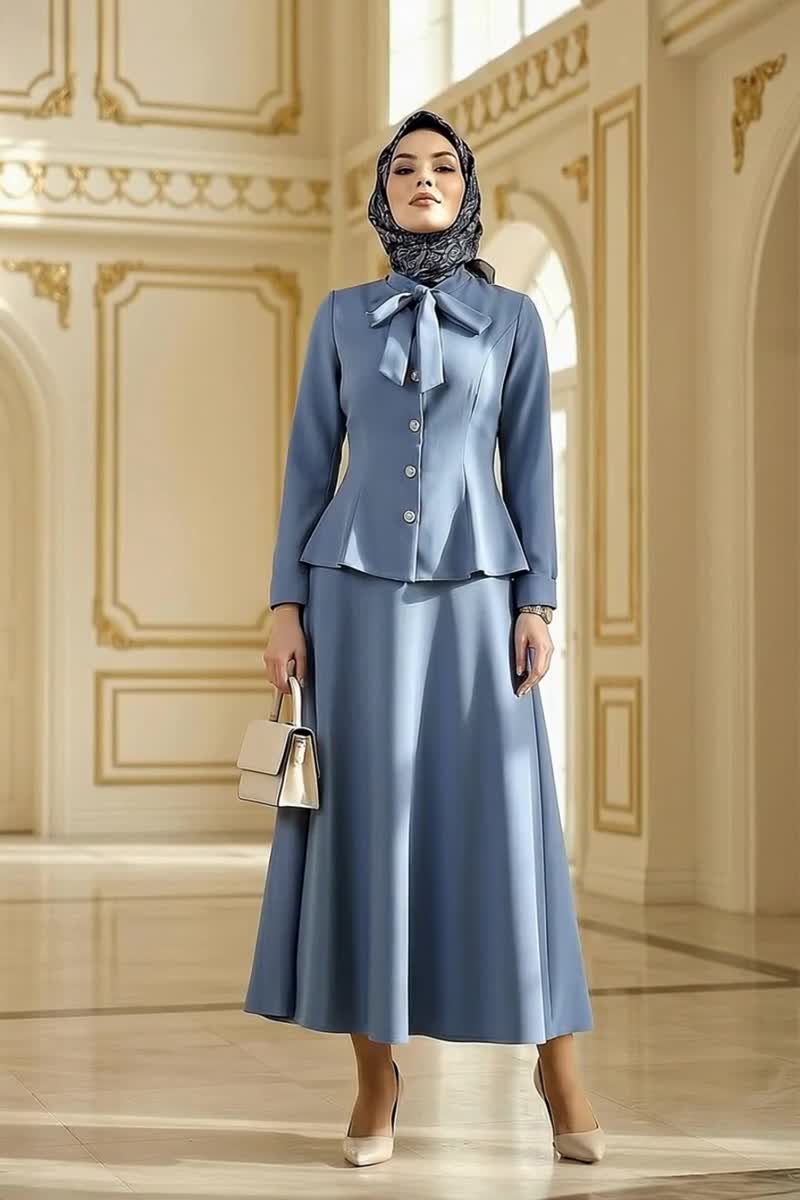 moda selvim Yakası Bağlamalı Dabıl Takım 2799SL432 Mavi - Thumbnail