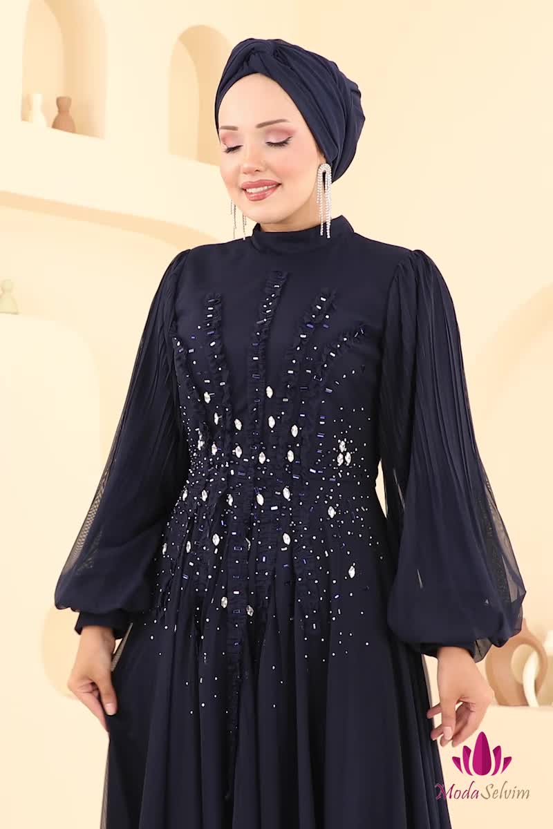 moda selvim فستان سهرة كحلي 5315D170 - Thumbnail