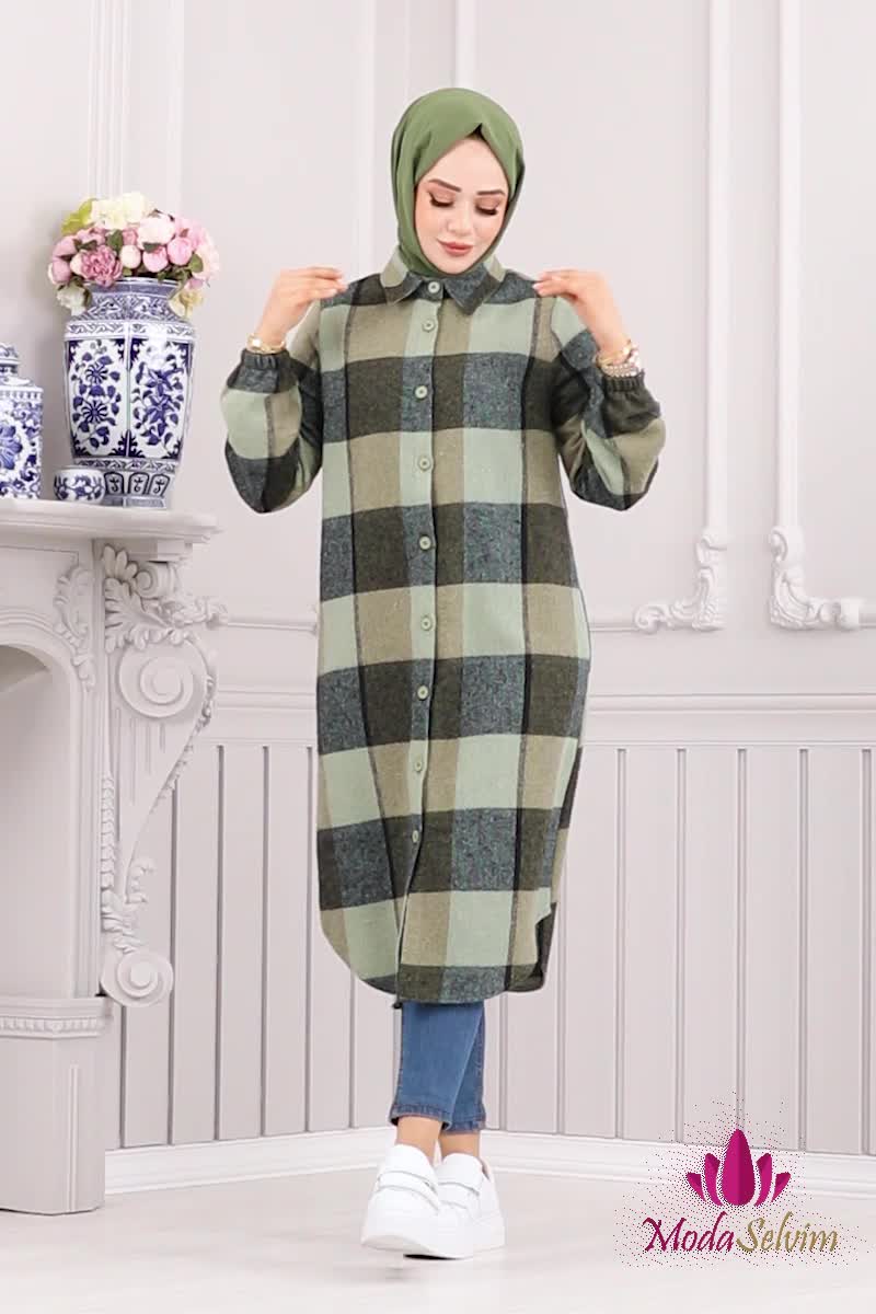 moda selvim Gömlek Yakalı Ekose Tunik 3036KTR750 Mint&Haki - Thumbnail