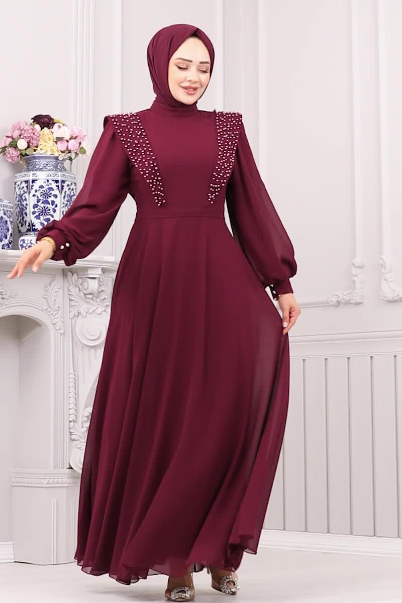 moda selvim İnci Detay Şifon Abiye 7007AB368 Bordo - Thumbnail