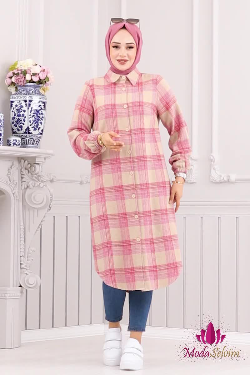 moda selvim Gömlek Yakalı Ekose Tunik 3036KTR750 Pembe&Vizyon - Thumbnail