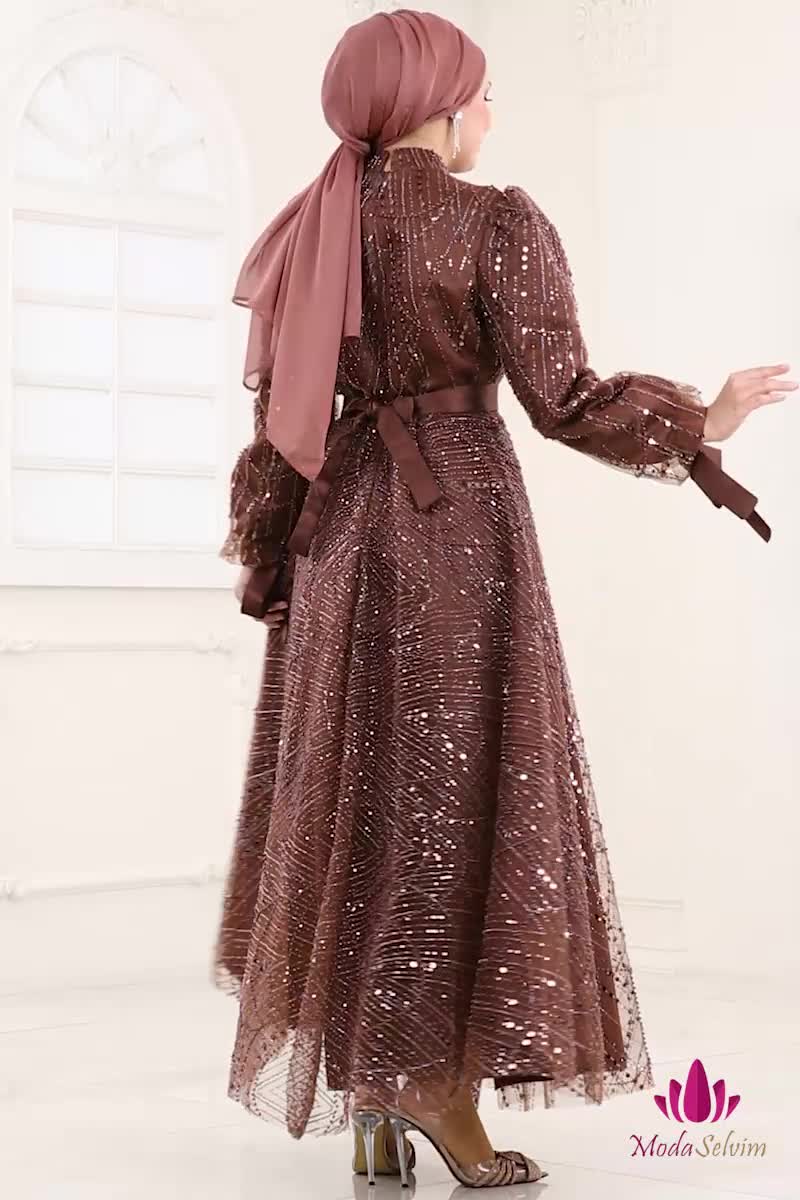 moda selvim Boncuk İşlemeli Tesettür Abiye 6641YG95 Kahve - Thumbnail