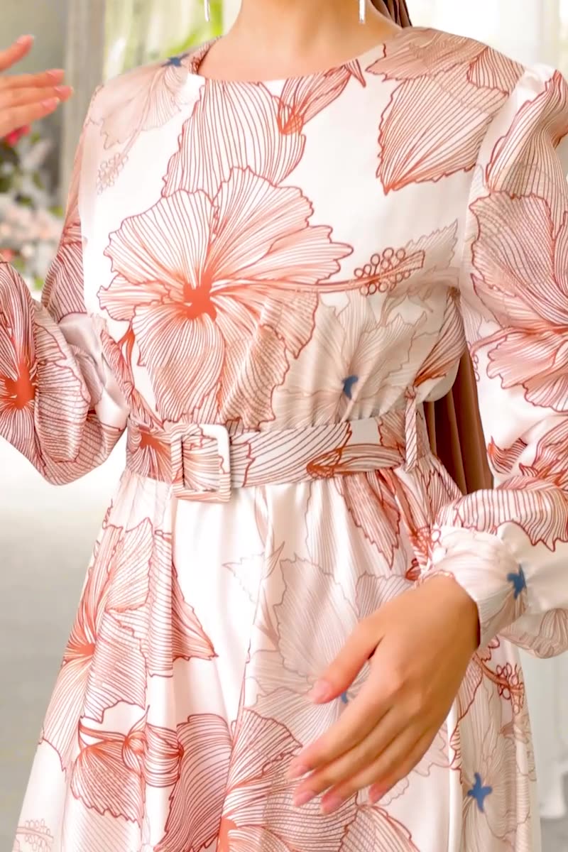 moda selvim SUAL Çiçek Desenli Kemerli Elbise 4000D170 Taba&Vizyon - Thumbnail