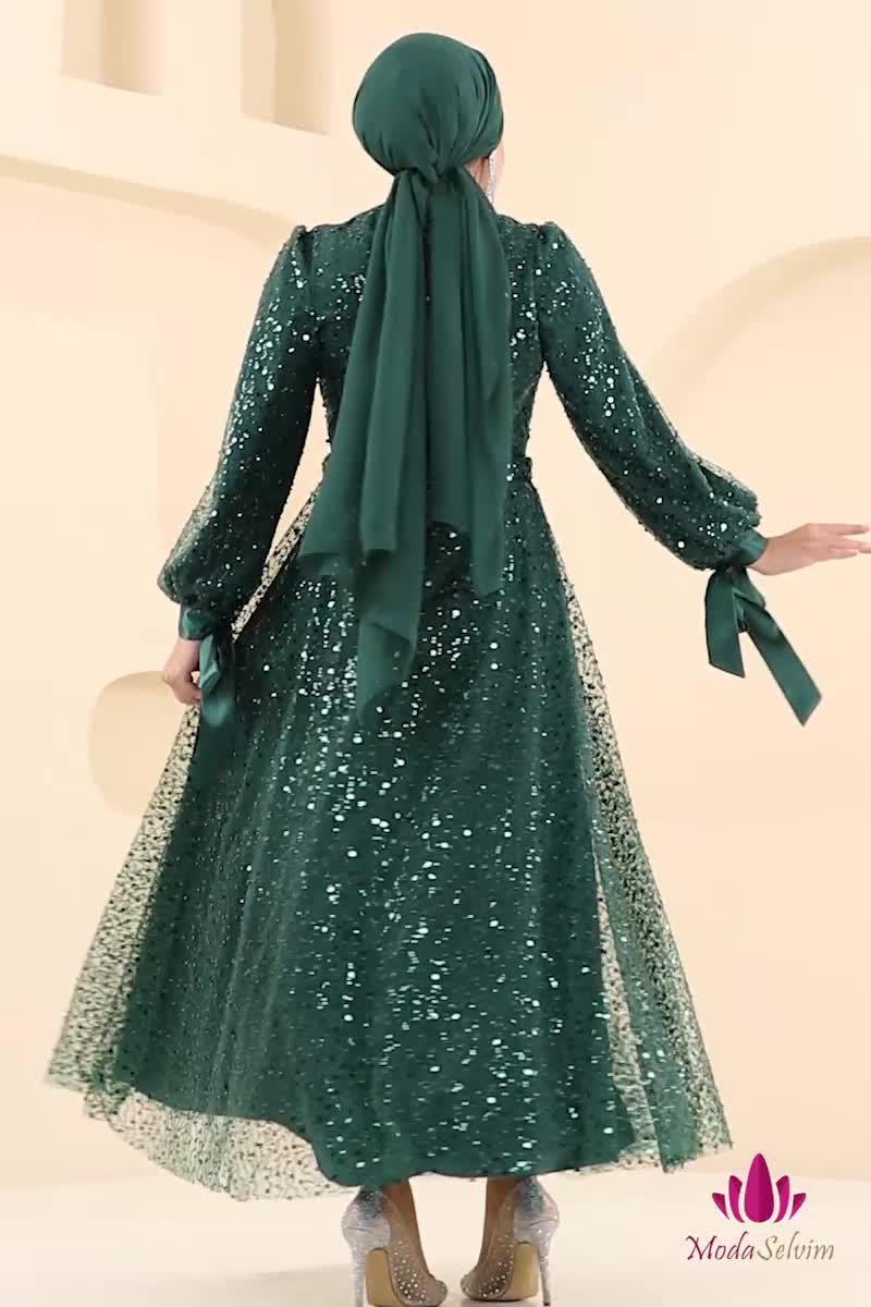 moda selvim فستان سهرة زيتي 2822ELC1143 - Thumbnail