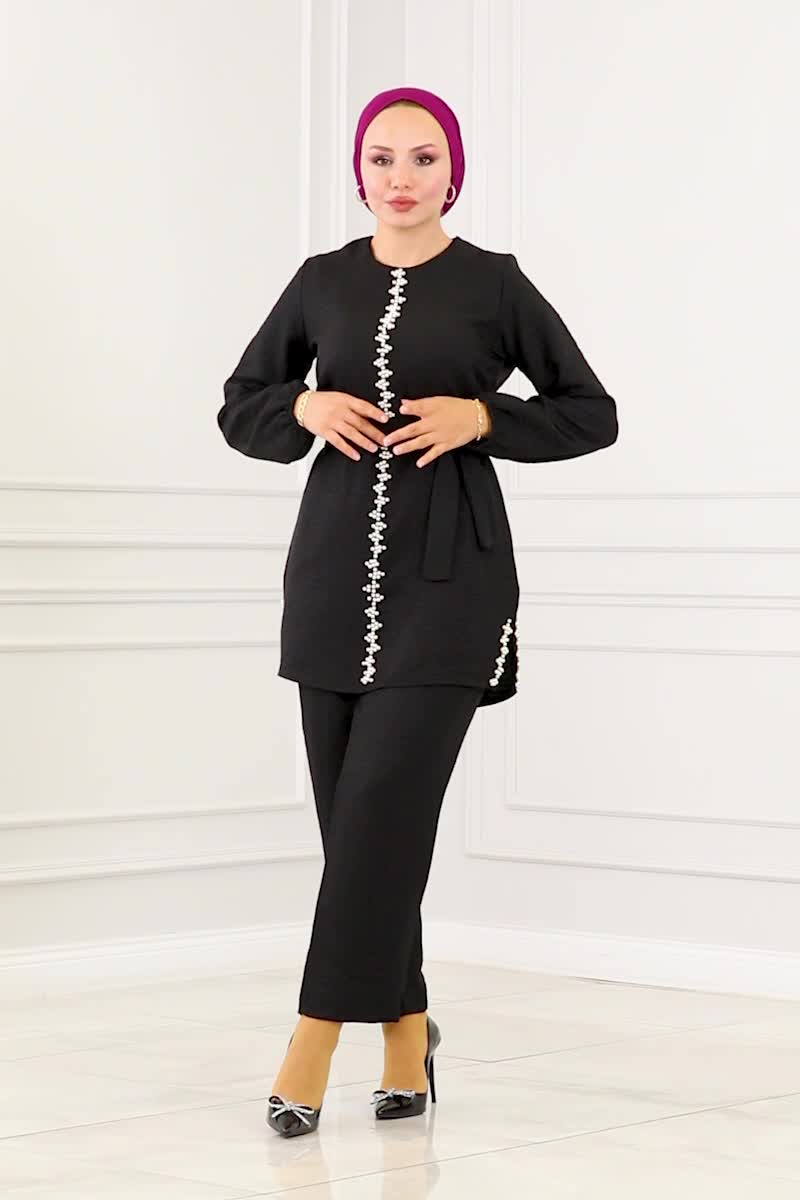 moda selvim Pearl Embroidered Linen Suit 5005HBS856 Black - Thumbnail