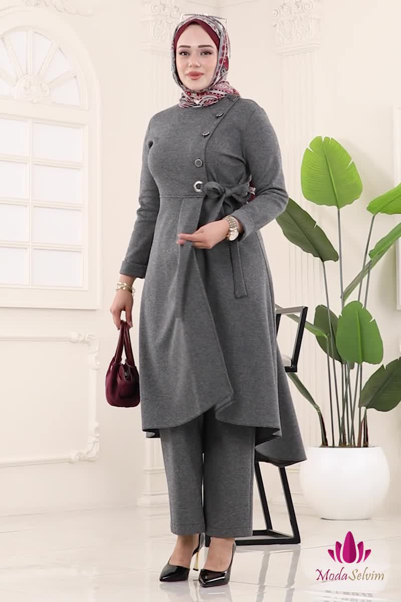 moda selvim Düğme Detay Yırtmaçlı Tivit Takım 2729SL432 Gri - Thumbnail