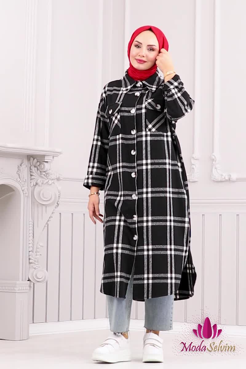 moda selvim Oversize Oduncu Ekose Tunik 3089BLU797 Siyah - Thumbnail