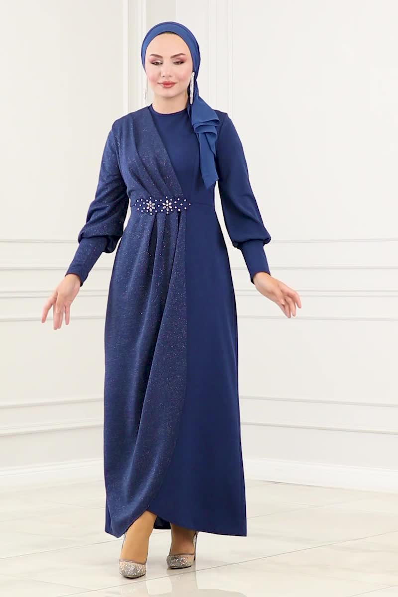 moda selvim Beli İşlemeli Krep Elbise ASM2721 Laci - Thumbnail