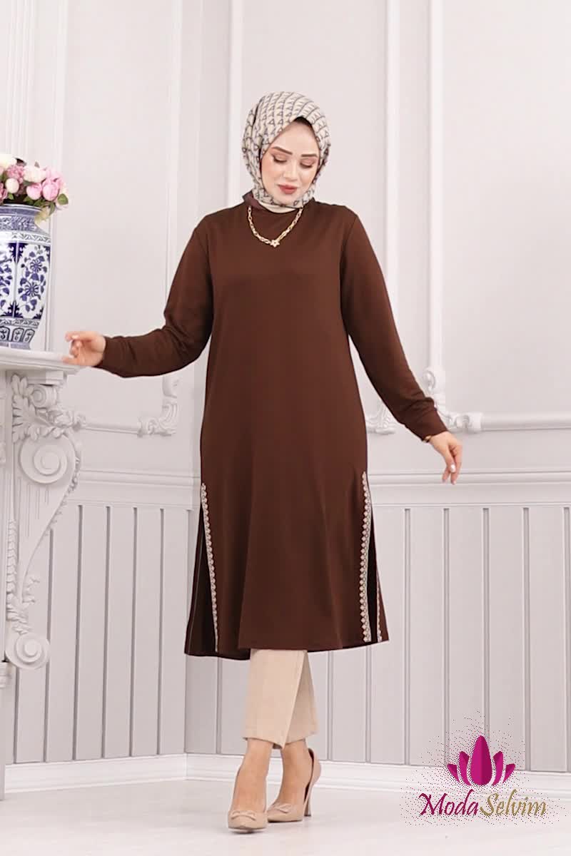 moda selvim Nakış İşlemeli Tunik 2678AYD574 Kahve - Thumbnail