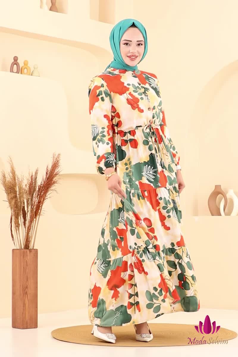 moda selvim Beli Bağcıklı Viskon Elbise 7124BG354 Zümrüt - Thumbnail