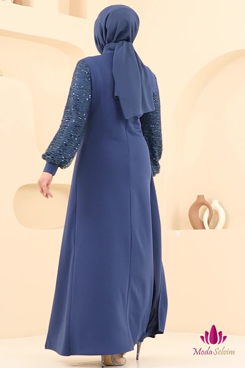 moda selvim Evening Dress ASM2811 Indigo - Thumbnail