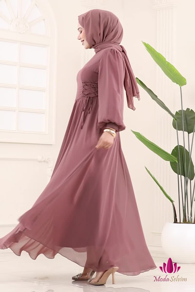 moda selvim فستان سهرة بيج وردي 6238BSK463 - Thumbnail