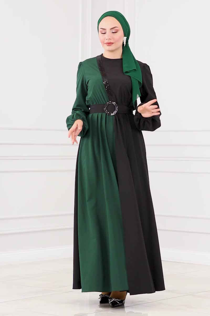 moda selvim Dress ASM2674 Emerald&Black - Thumbnail