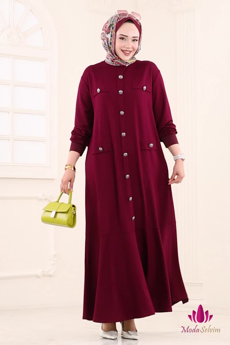 moda selvim Aksesuar Cepli Tesettür Elbise 3315UZ662 Bordo - Thumbnail